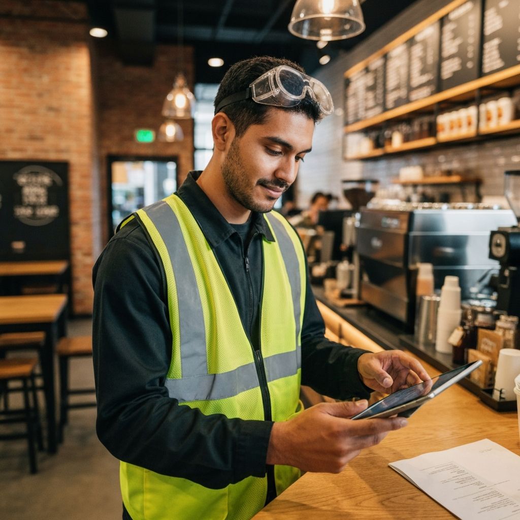 Inspector realizando inspección periódica en local comercial