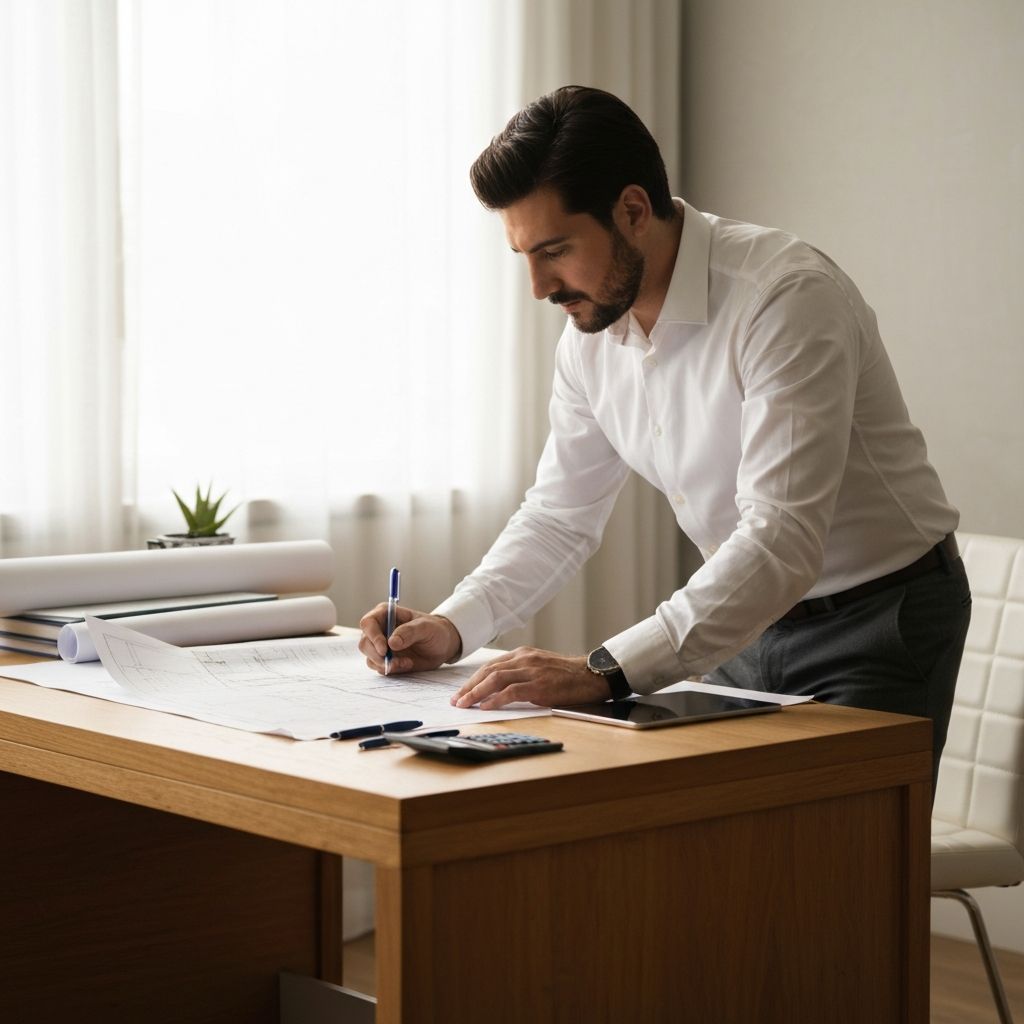 Técnico revisando planos de construcción