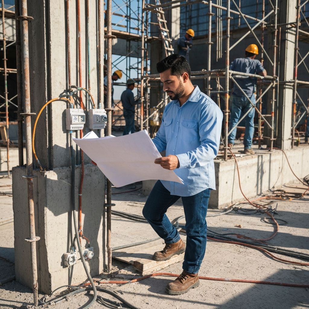 Técnico supervisando instalaciones en construcción